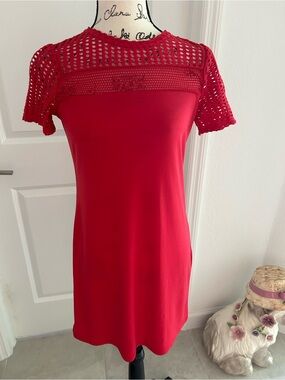 Michael Kors Red Crochet Yoke Short Sleeve Dress
